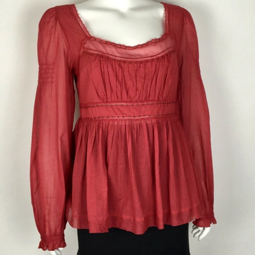 Free People Strangers In Love Square-Neck Peasant Blouse in Claret